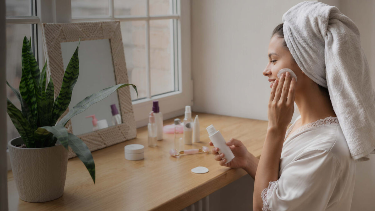 A woman with a white towel wrapped around her head applies skincare cream from a white bottle to her face, standing at a wooden vanity table with a mirror, skincare products, and a potted plant.